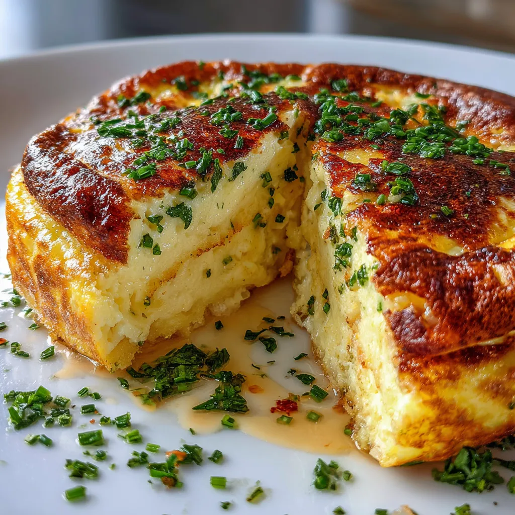 Omelette soufflée au fromage dorée et gonflée, fraîchement sortie du four dans un moule à cake.