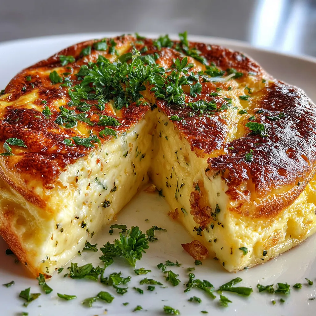 Omelette soufflée au fromage dorée et gonflée, fraîchement sortie du four dans un moule à cake.