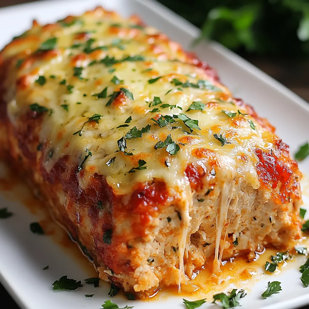 Pain de viande au poulet et parmesan sorti du four, garni de fromage fondant