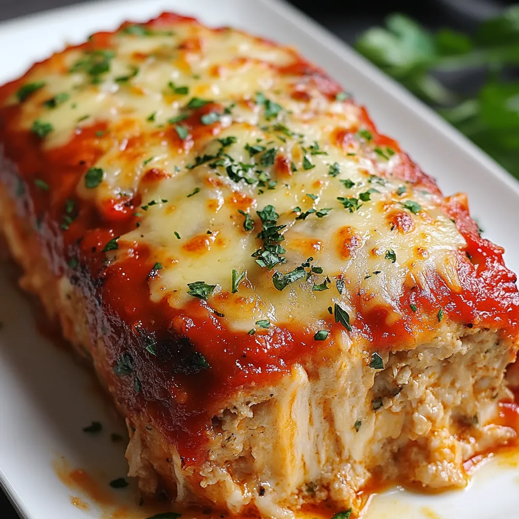Pain de viande au poulet et parmesan sorti du four, garni de fromage fondant