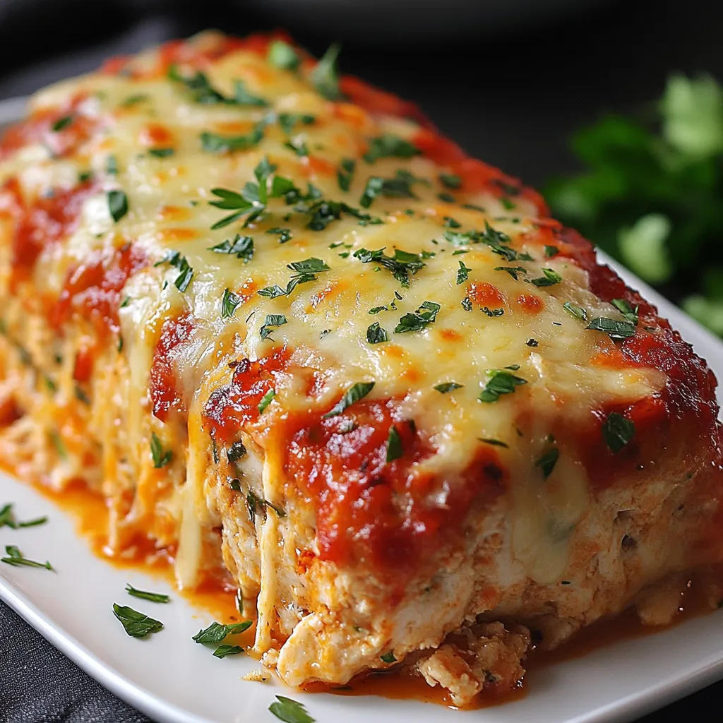 Pain de viande au poulet et parmesan sorti du four, garni de fromage fondant