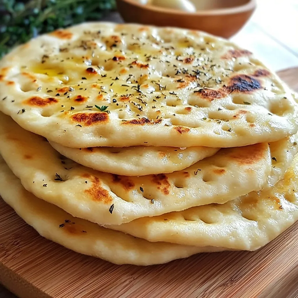 Pain plat à l’ail doré au four, garni d’herbes et de morceaux d’ail frais