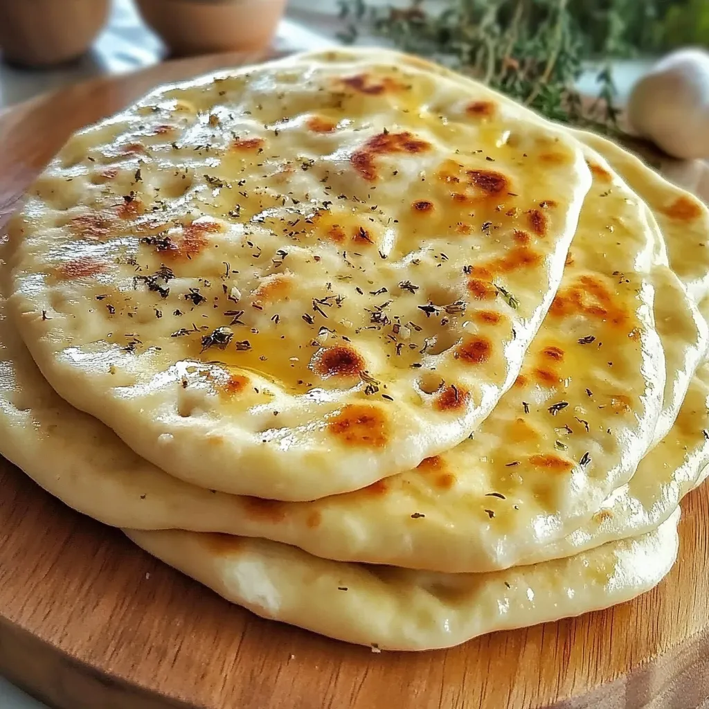 Pain plat à l’ail doré au four, garni d’herbes et de morceaux d’ail frais