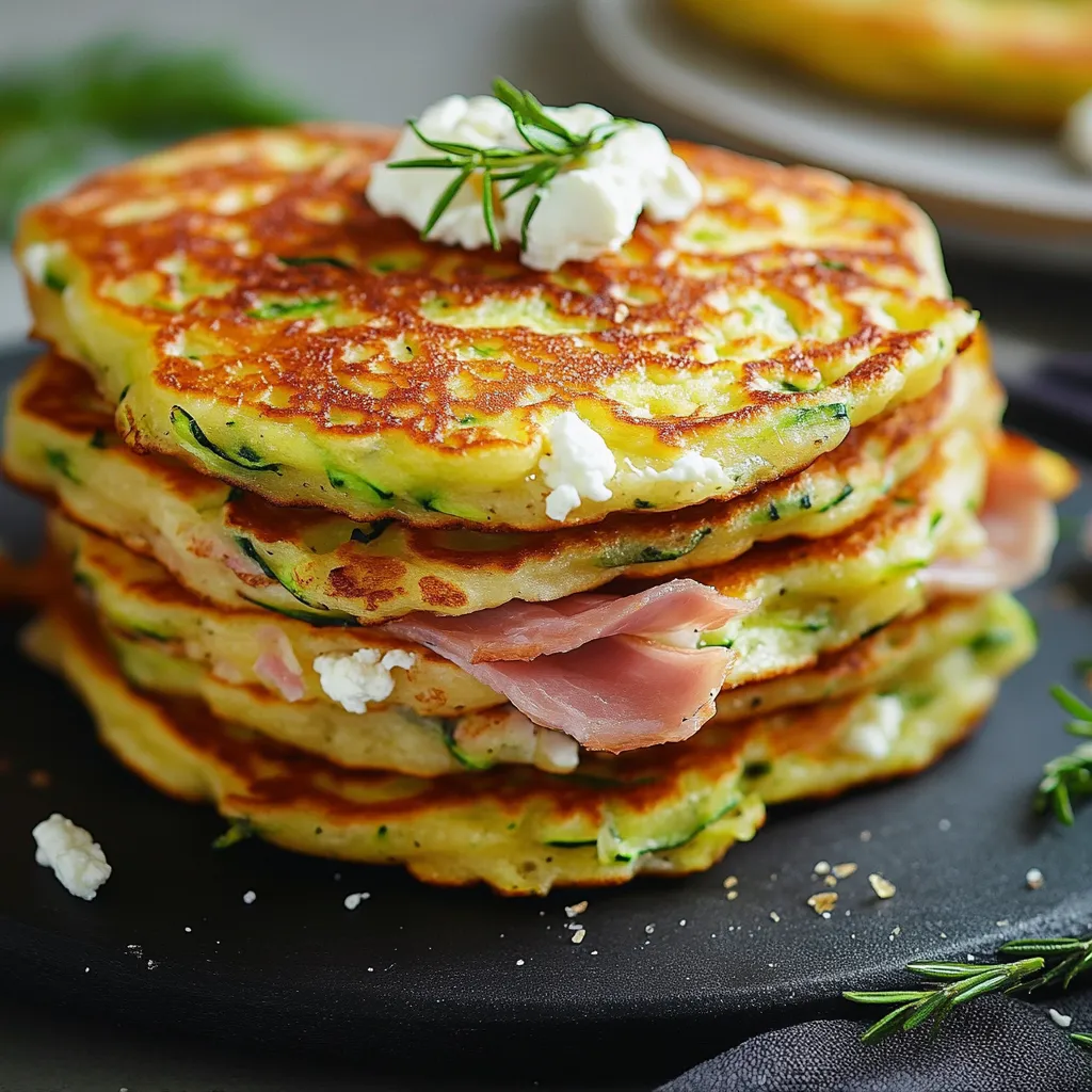 Pancakes salés à la courgette, farcis au chèvre fondant et jambon dans une assiette rustique