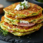 Pancakes salés à la courgette, farcis au chèvre fondant et jambon dans une assiette rustique