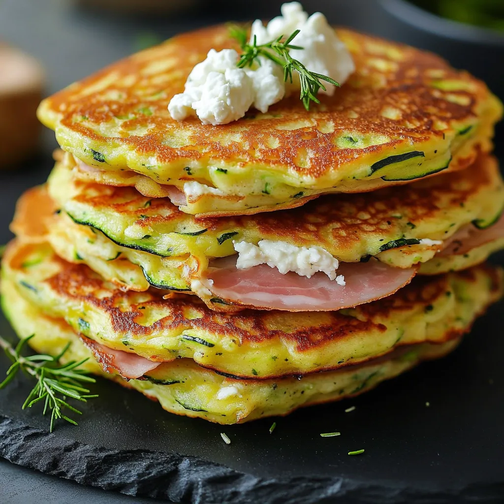 Pancakes salés à la courgette, farcis au chèvre fondant et jambon dans une assiette rustique
