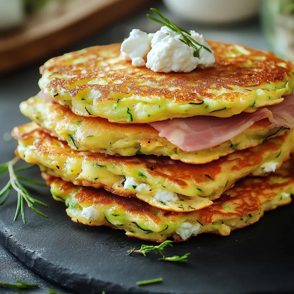 Pancakes salés à la courgette, farcis au chèvre fondant et jambon dans une assiette rustique