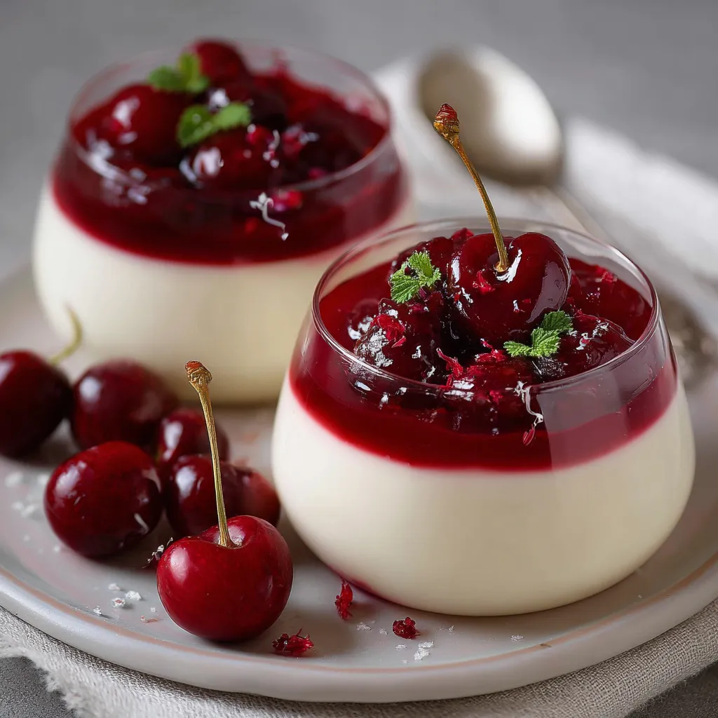 Verrine de panna cotta à la vanille surmontée de compotée de cerises