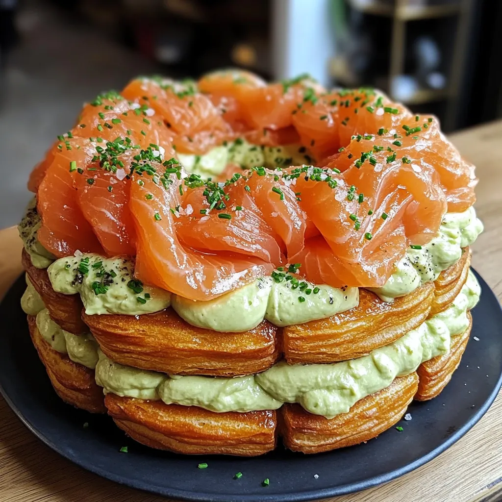 Paris-Brest salé garni de crème d’avocat et saumon Label Rouge présenté en entrée élégante