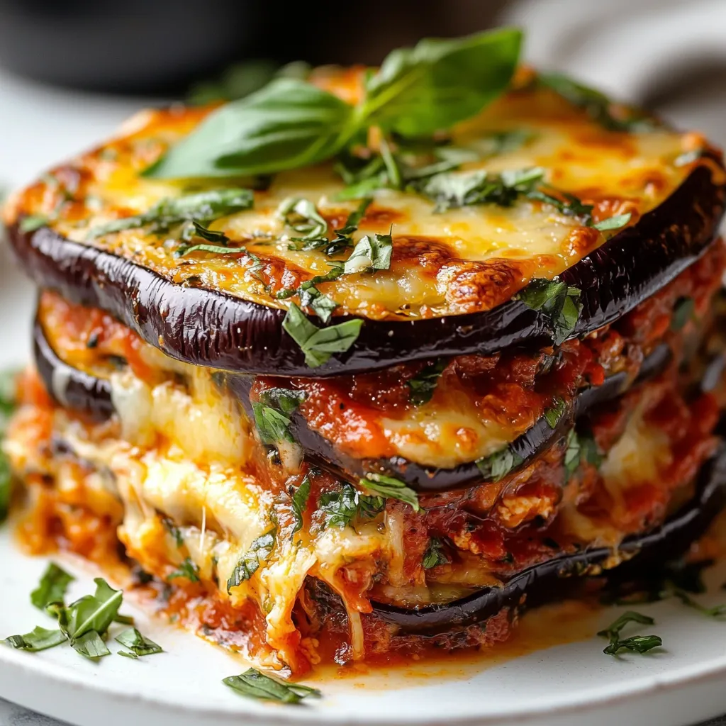 Gratin de Parmigiana d’aubergines fondante avec mozzarella fondue et basilic frais