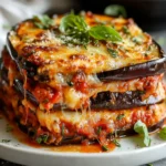 Gratin de Parmigiana d’aubergines fondante avec mozzarella fondue et basilic frais