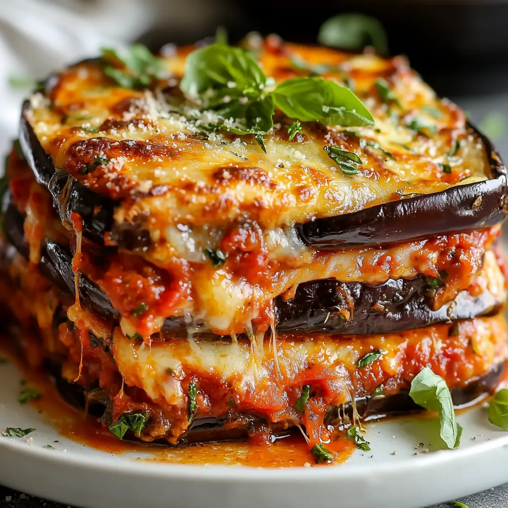 Gratin de Parmigiana d’aubergines fondante avec mozzarella fondue et basilic frais