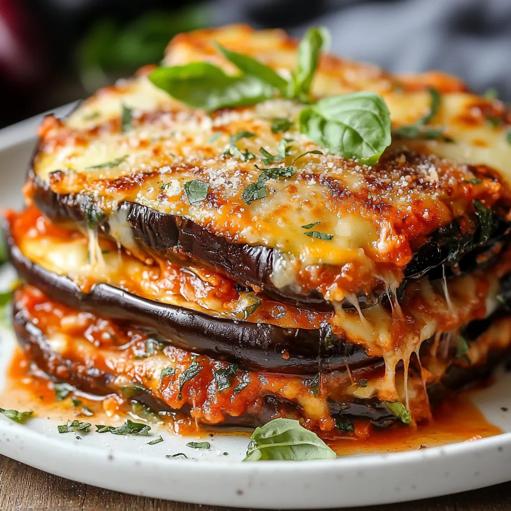 Gratin de Parmigiana d’aubergines fondante avec mozzarella fondue et basilic frais