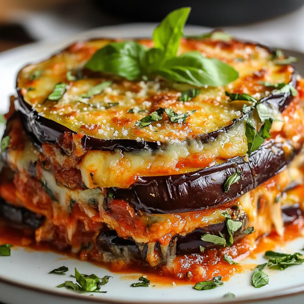 Gratin de Parmigiana d’aubergines fondante avec mozzarella fondue et basilic frais