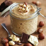Pâte à tartiner maison Kinder Bueno dans un pot en verre avec noisettes entières et chocolat blanc en arrière-plan.