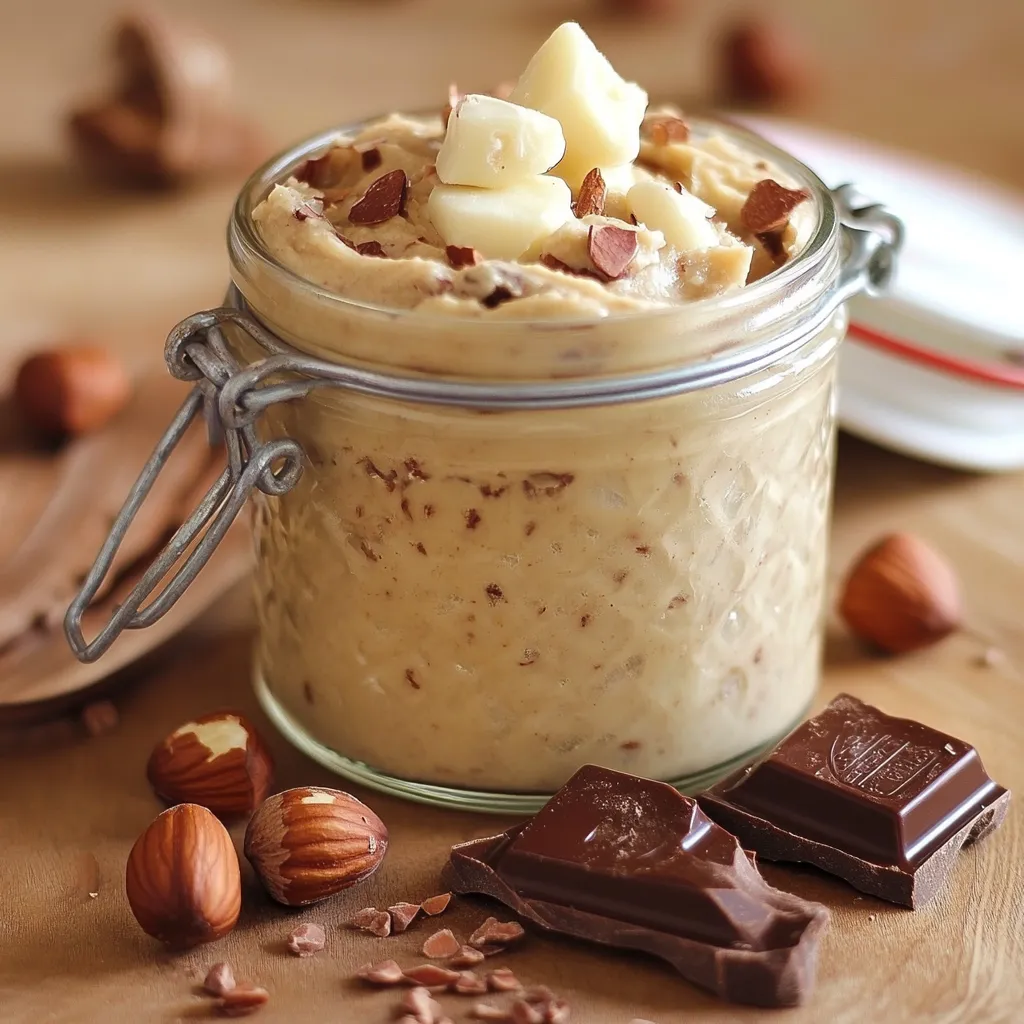 Pâte à tartiner maison Kinder Bueno dans un pot en verre avec noisettes entières et chocolat blanc en arrière-plan.