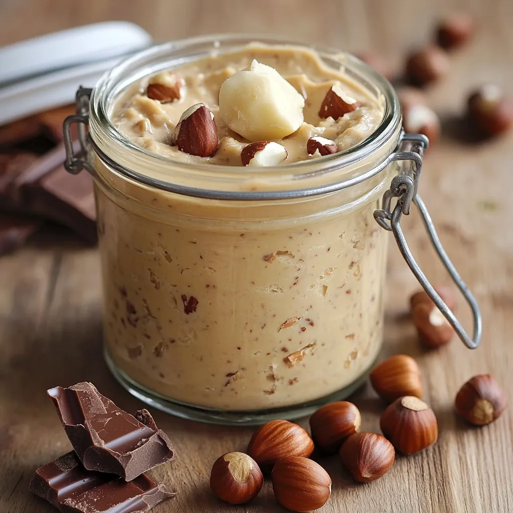 Pâte à tartiner maison Kinder Bueno dans un pot en verre avec noisettes entières et chocolat blanc en arrière-plan.