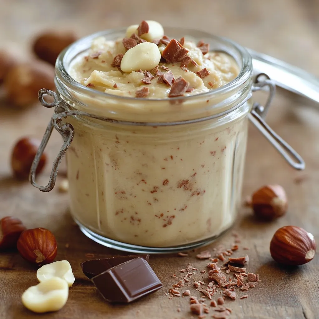 Pâte à tartiner maison Kinder Bueno dans un pot en verre avec noisettes entières et chocolat blanc en arrière-plan.
