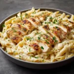 Pâtes au poulet à la sauce Alfredo crémeuse servies dans une assiette blanche, parsemées de persil frais.