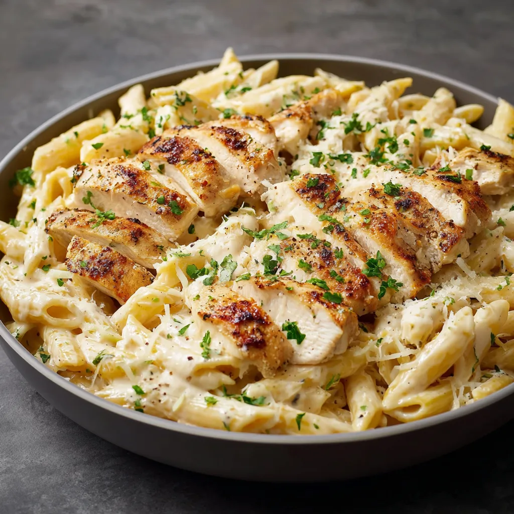 Pâtes au poulet à la sauce Alfredo crémeuse servies dans une assiette blanche, parsemées de persil frais.