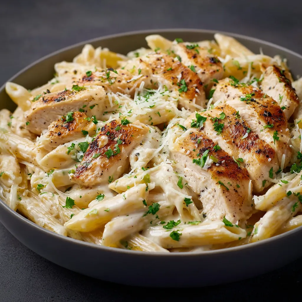 Pâtes au poulet à la sauce Alfredo crémeuse servies dans une assiette blanche, parsemées de persil frais.