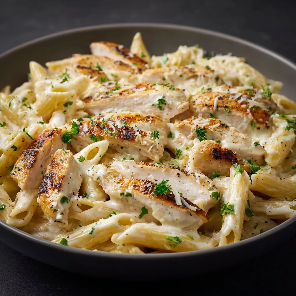 Pâtes au poulet à la sauce Alfredo crémeuse servies dans une assiette blanche, parsemées de persil frais.