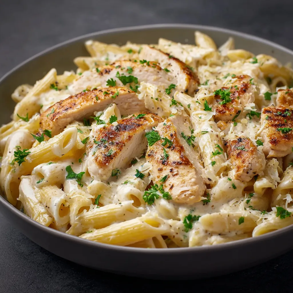 Pâtes au poulet à la sauce Alfredo crémeuse servies dans une assiette blanche, parsemées de persil frais.