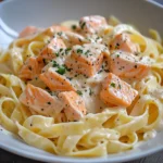 Pâtes au saumon express servies avec crème et parmesan dans une assiette blanche