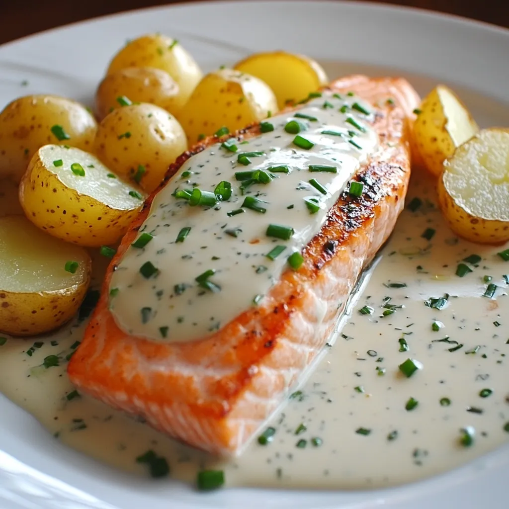 Pavé de saumon grillé nappé de sauce crème à la ciboulette, servi avec du riz blanc