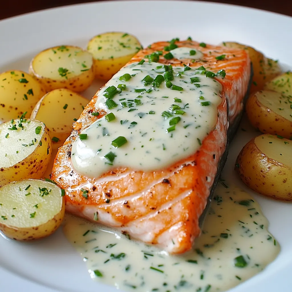 Pavé de saumon grillé nappé de sauce crème à la ciboulette, servi avec du riz blanc