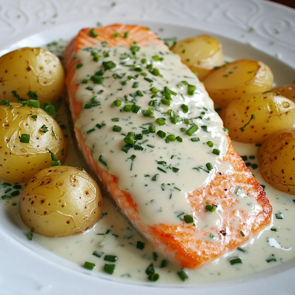 Pavé de saumon grillé nappé de sauce crème à la ciboulette, servi avec du riz blanc