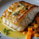 Pavé de cabillaud nappé de beurre blanc servi avec un écrasé de carottes maison