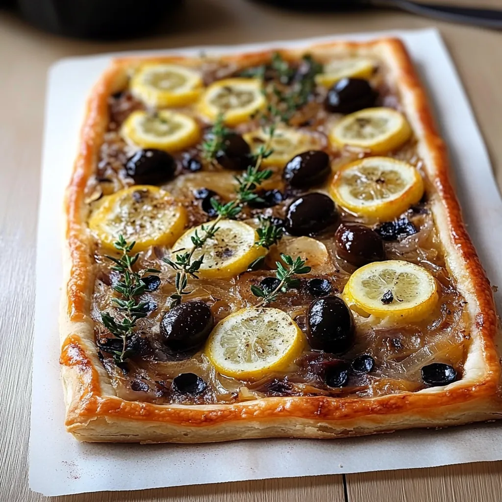 Pissaladière niçoise revisitée, garnie d’oignons confits, olives noires et anchois sur une pâte maison
