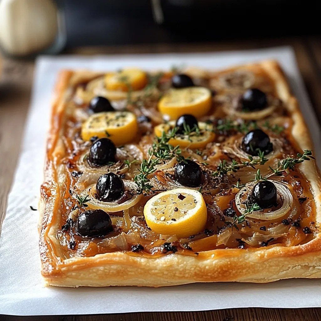 Pissaladière niçoise revisitée, garnie d’oignons confits, olives noires et anchois sur une pâte maison
