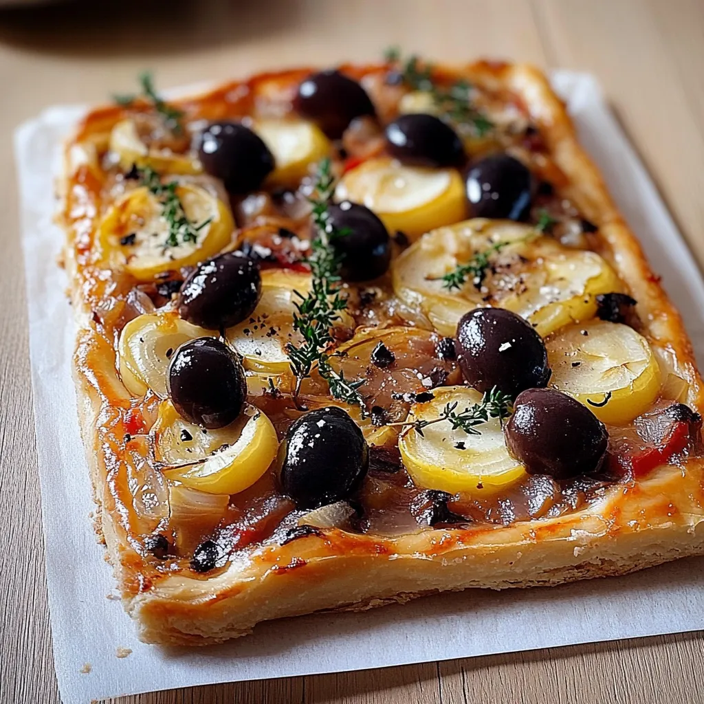 Pissaladière niçoise revisitée, garnie d’oignons confits, olives noires et anchois sur une pâte maison