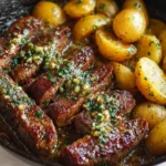 Poêlée de steak au beurre à l’ail et pommes de terre dorées, servie dans une poêle en fonte