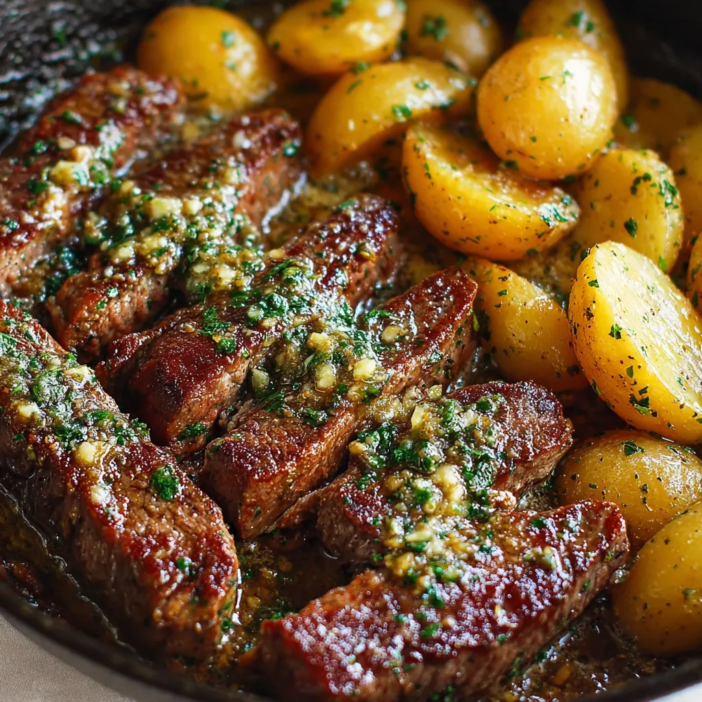 Poêlée de steak au beurre à l’ail et pommes de terre dorées, servie dans une poêle en fonte