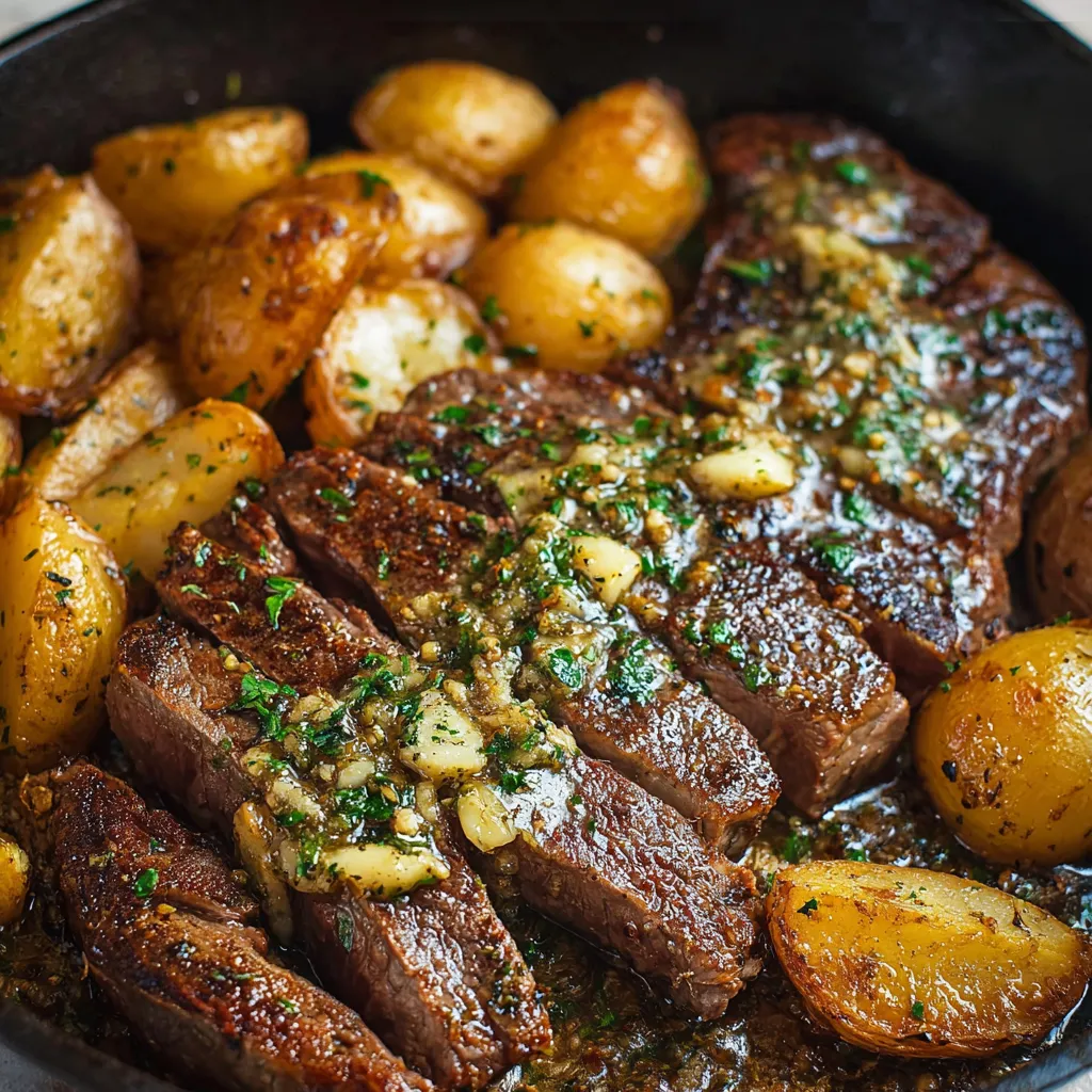 Poêlée de steak au beurre à l’ail et pommes de terre dorées, servie dans une poêle en fonte