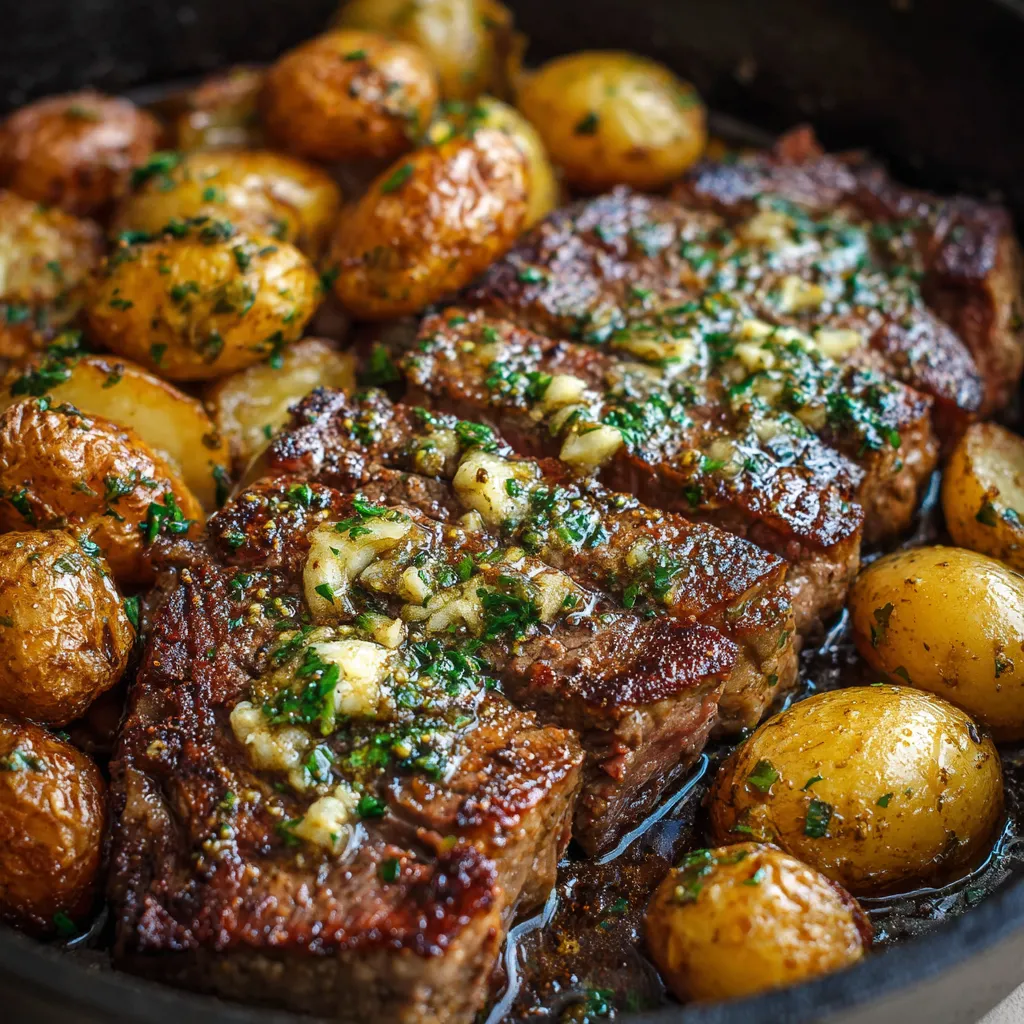 Poêlée de steak au beurre à l’ail et pommes de terre dorées, servie dans une poêle en fonte