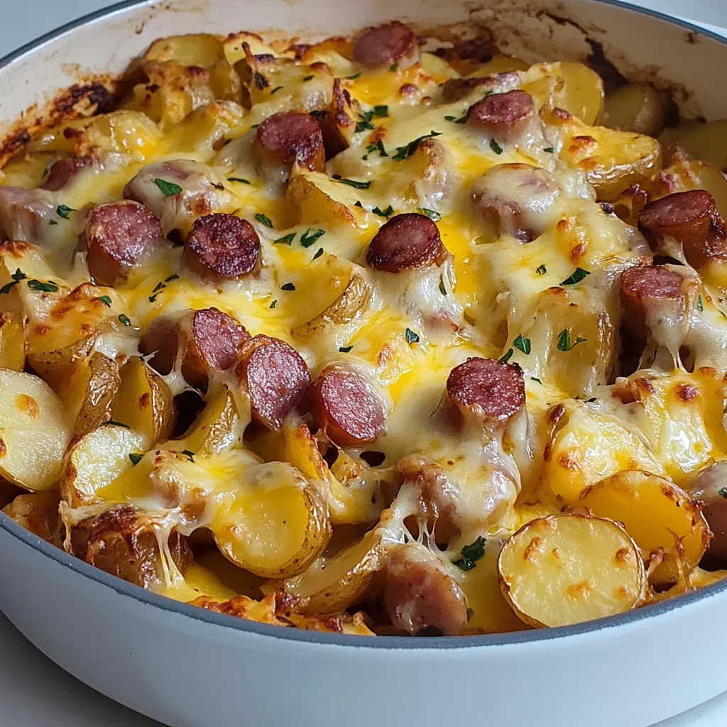 Plat de pommes de terre croustillantes au fromage fondu et saucisse fumée dans un plat à gratin