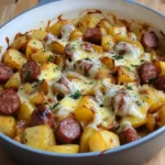 Plat de pommes de terre croustillantes au fromage fondu et saucisse fumée dans un plat à gratin