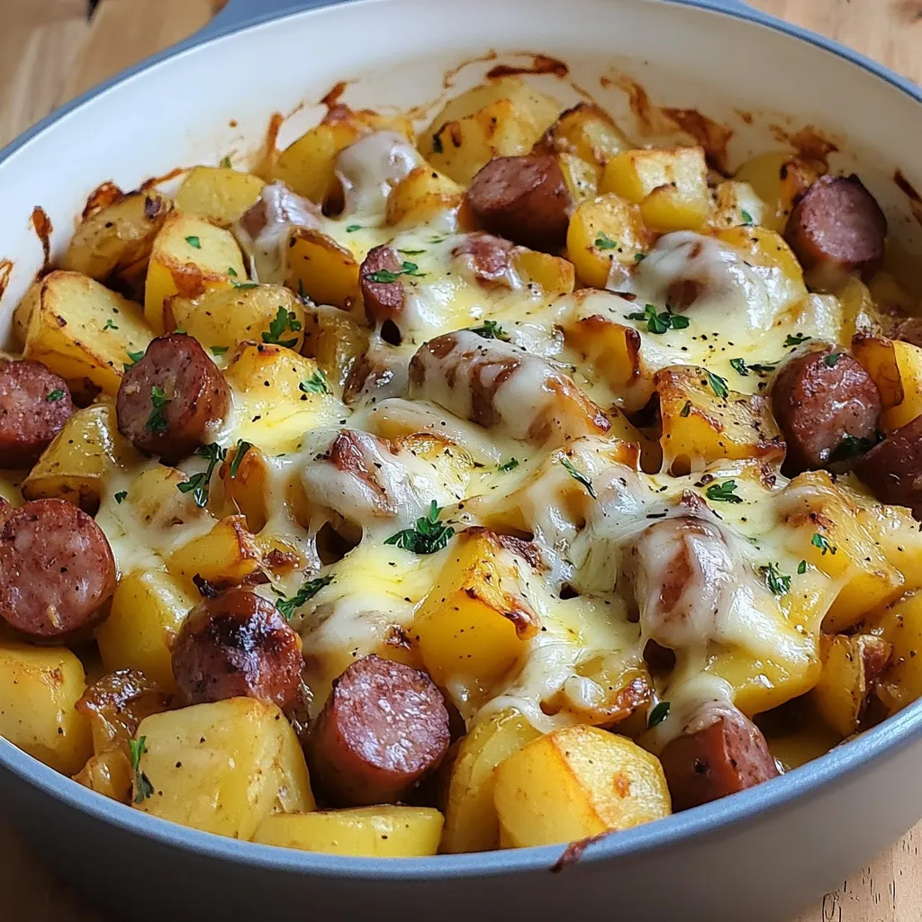 Plat de pommes de terre croustillantes au fromage fondu et saucisse fumée dans un plat à gratin