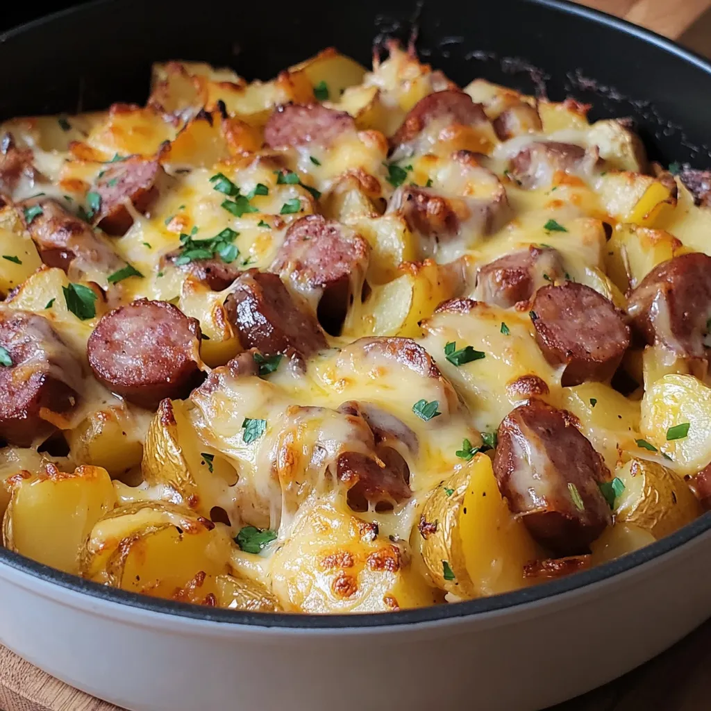 Plat de pommes de terre croustillantes au fromage fondu et saucisse fumée dans un plat à gratin