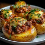 Pommes de terre farcies gratinées à la viande hachée, servies avec une sauce fraîche au yaourt.