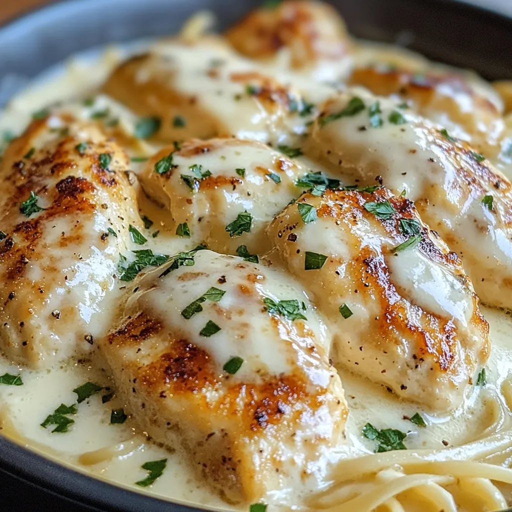 Assiette de poulet Alfredo à l’ail et au parmesan servie avec des tagliatelles crémeuses