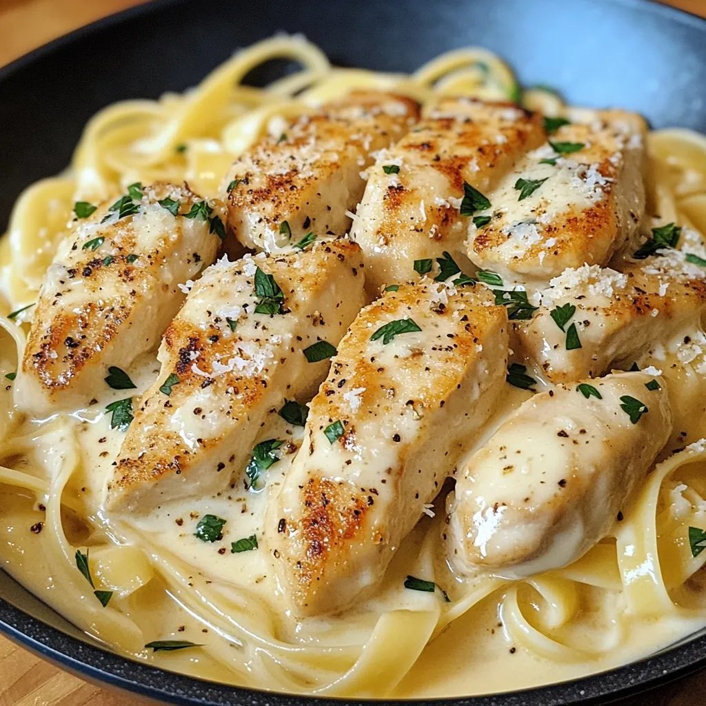 Assiette de poulet Alfredo à l’ail et au parmesan servie avec des tagliatelles crémeuses