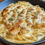 Assiette de poulet Alfredo à l’ail et au parmesan servie avec des tagliatelles crémeuses