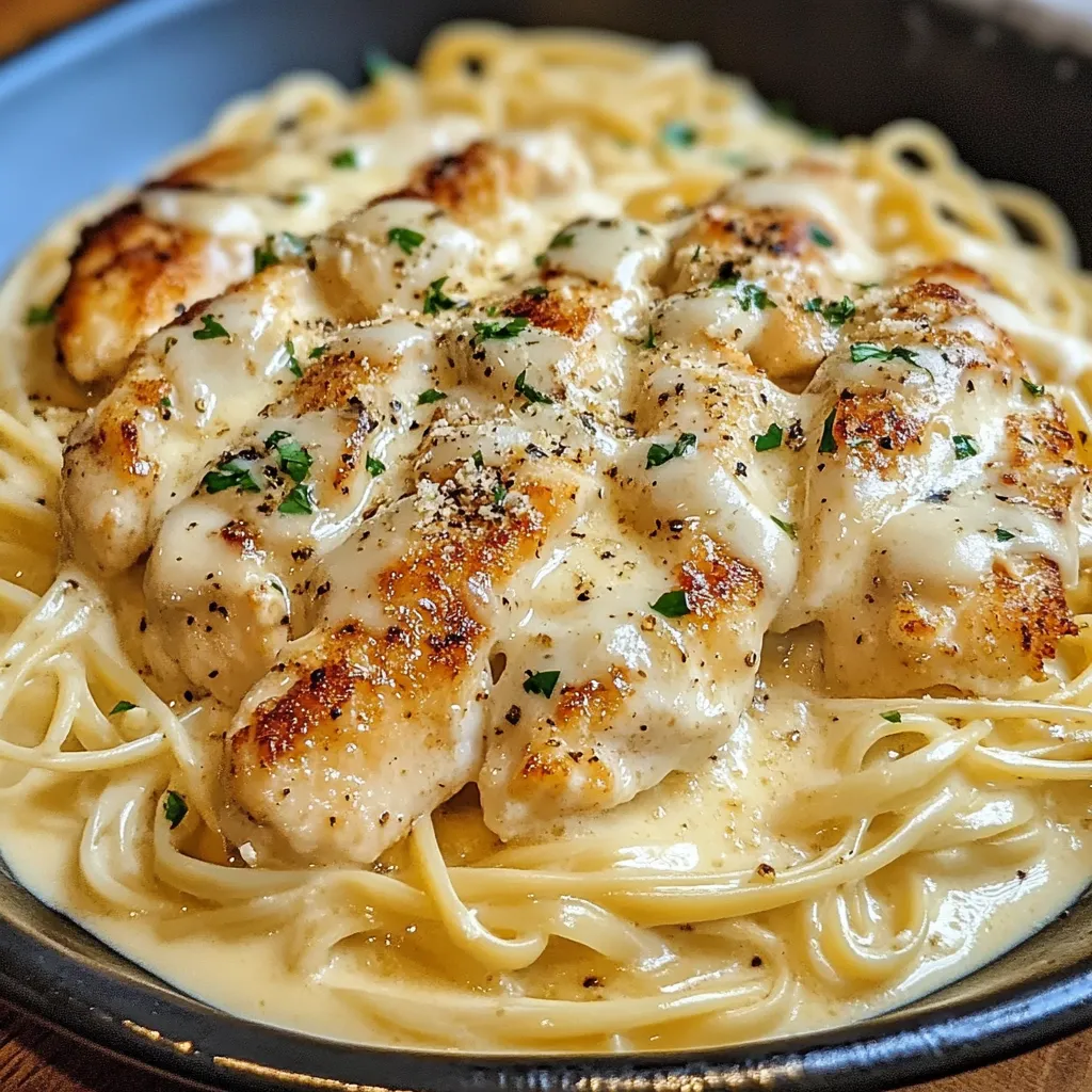 Assiette de poulet Alfredo à l’ail et au parmesan servie avec des tagliatelles crémeuses