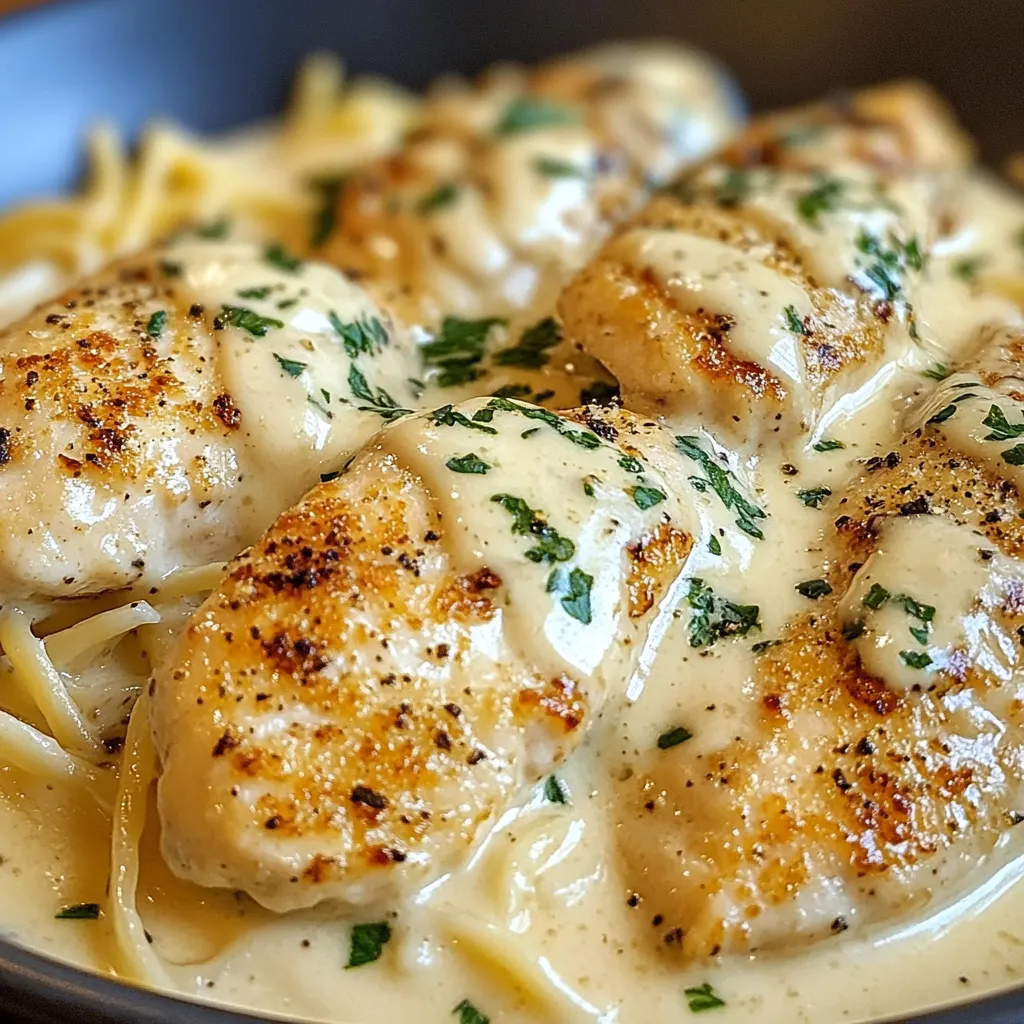 Assiette de poulet Alfredo à l’ail et au parmesan servie avec des tagliatelles crémeuses
