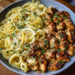 Poulet doré au beurre citronné servi avec linguines en sauce crémeuse au parmesan